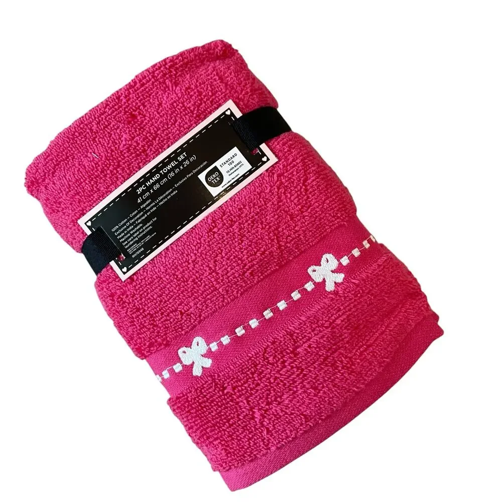 2pc Betsey Johnson Hand Towels 16x26 Hot Pink White Coquette Bow 100% Cotton New